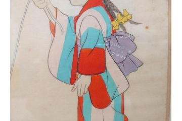 真作　蔦谷喜一　「縄とび」　1983年制作　サイン入り　絵画(人物画、ぬりえ、塗り絵、縄跳び、子供、子ども、額装)(R-076210)