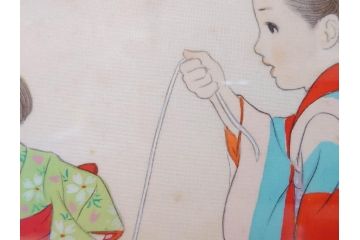 真作　蔦谷喜一　「縄とび」　1983年制作　サイン入り　絵画(人物画、ぬりえ、塗り絵、縄跳び、子供、子ども、額装)(R-076210)