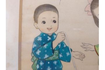 真作　蔦谷喜一　「縄とび」　1983年制作　サイン入り　絵画(人物画、ぬりえ、塗り絵、縄跳び、子供、子ども、額装)(R-076210)