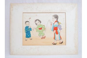 真作　蔦谷喜一　「縄とび」　1983年制作　サイン入り　絵画(人物画、ぬりえ、塗り絵、縄跳び、子供、子ども、額装)(R-076210)