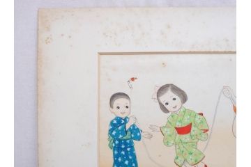 真作　蔦谷喜一　「縄とび」　1983年制作　サイン入り　絵画(人物画、ぬりえ、塗り絵、縄跳び、子供、子ども、額装)(R-076210)