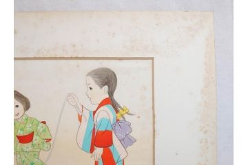 真作　蔦谷喜一　「縄とび」　1983年制作　サイン入り　絵画(人物画、ぬりえ、塗り絵、縄跳び、子供、子ども、額装)(R-076210)