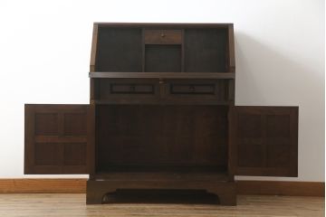 中古　松本民芸家具　希少モデル　格子模様が特徴的なK型ライティングビューロー(ワークデスク、簿記机、収納棚、戸棚、在宅用、在宅ワーク用)(R-076217)