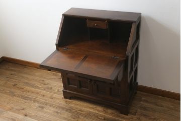 中古　松本民芸家具　希少モデル　格子模様が特徴的なK型ライティングビューロー(ワークデスク、簿記机、収納棚、戸棚、在宅用、在宅ワーク用)(R-076217)