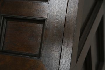 中古　松本民芸家具　希少モデル　格子模様が特徴的なK型ライティングビューロー(ワークデスク、簿記机、収納棚、戸棚、在宅用、在宅ワーク用)(R-076217)
