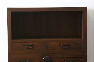 和製アンティーク　明治期　前面・フレーム欅(ケヤキ)材　和の空間づくりにおすすめ!! 横桟引き戸の美濃帳場箪笥(重ね箪笥、水屋箪笥、時代箪笥、和タンス、収納箪笥、収納棚、戸棚)(R-076220)