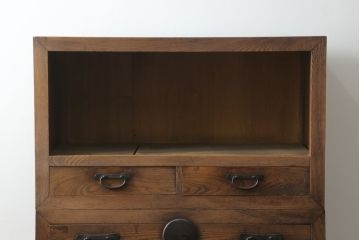 和製アンティーク　明治期　前面・フレーム欅(ケヤキ)材　和の空間づくりにおすすめ!! 横桟引き戸の美濃帳場箪笥サイドボード(収納棚、戸棚、時代箪笥、水屋箪笥、和箪笥、ローボード)(R-076221)