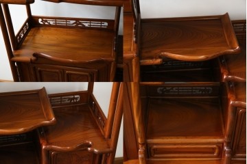 【F様ご決済用】和製ビンテージ　未使用　展示品　総欅(ケヤキ)材　赤みがかった色味と凝った意匠が素敵な茶棚　(R-076260)