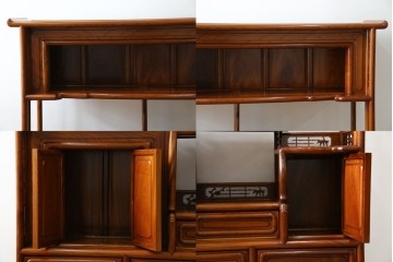 【F様ご決済用】和製ビンテージ　未使用　展示品　総欅(ケヤキ)材　赤みがかった色味と凝った意匠が素敵な茶棚　(R-076260)