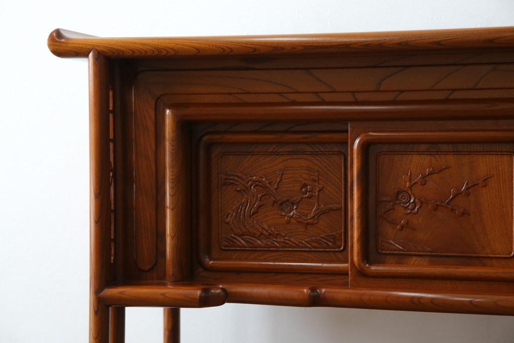 【F様ご決済用】和製ビンテージ　未使用　展示品　総欅(ケヤキ)材　赤みがかった色味と凝った意匠が素敵な茶棚　(R-076260)