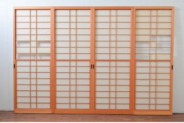 ビンテージ建具　和の空間づくりにおすすめの擦り上げ幅狭障子戸4枚セット(擦り上げ障子戸、擦上障子戸、雪見障子戸、引き戸、ヴィンテージ)(R-076266)