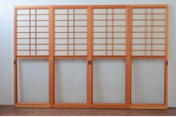 ビンテージ建具　和の空間づくりにおすすめの擦り上げ幅狭障子戸4枚セット(擦り上げ障子戸、擦上障子戸、雪見障子戸、引き戸、ヴィンテージ)(R-076266)