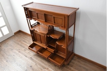 和製ビンテージ　未使用　展示品　総欅(ケヤキ)材　赤みがかった色味が素敵な茶棚(飾り棚、違い棚、収納棚、戸棚、ヴィンテージ)(R-076272)