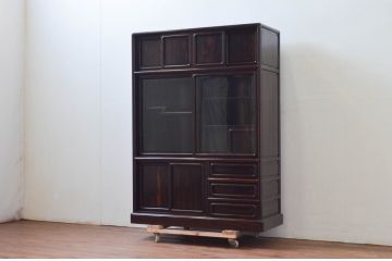 和製ビンテージ　未使用　展示品　シャム柿(ジリコテ)材　艶のある木肌が美しい茶箪笥(茶棚、食器棚、水屋箪笥、収納棚、戸棚、ヴィンテージ)(R-076273)