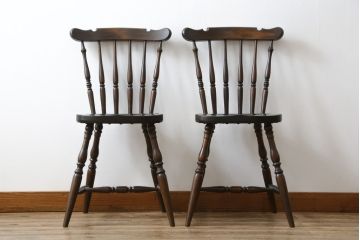 和製ビンテージ　松本民芸家具　上品な佇まいが魅力のSP型スピンドルチェア2脚セット(板座チェア、椅子、イス、ダイニングチェア、ヴィンテージ)(R-076282)