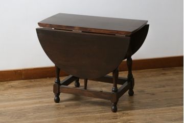 和製ビンテージ　松本民芸家具　凝った脚のデザインが魅力の#83型バタフライテーブル(エクステンションテーブル、ダイニングテーブル、2人掛け、二人掛け、ドロップリーフテーブル、オーバル型、ヴィンテージ)(定価約15万円)(R-076283)