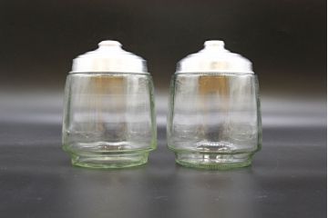 昭和レトロ　当時物　大正〜昭和初期　アルミ蓋　昔懐かしい雰囲気漂うガラス瓶2個セット(キャニスター、ガラスビン、硝子、菓子瓶)(R-076308)
