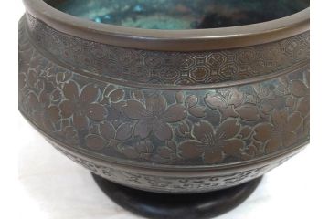 大正〜昭和初期　上手物　古銅　桜　味わい深い魅力を放つ火鉢(さくら、サクラ、手あぶり、鉢カバー、獣耳、獅子?)(R-076314)