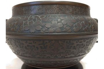 大正〜昭和初期　上手物　古銅　桜　味わい深い魅力を放つ火鉢(さくら、サクラ、手あぶり、鉢カバー、獣耳、獅子?)(R-076314)