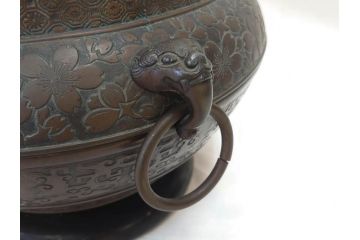 大正〜昭和初期　上手物　古銅　桜　味わい深い魅力を放つ火鉢(さくら、サクラ、手あぶり、鉢カバー、獣耳、獅子?)(R-076314)