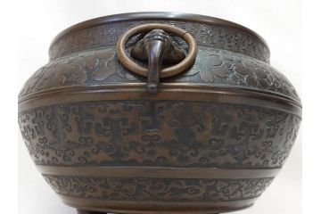 大正〜昭和初期　上手物　古銅　桜　味わい深い魅力を放つ火鉢(さくら、サクラ、手あぶり、鉢カバー、獣耳、獅子?)(R-076315)