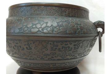 大正〜昭和初期　上手物　古銅　桜　味わい深い魅力を放つ火鉢(さくら、サクラ、手あぶり、鉢カバー、獣耳、獅子?)(R-076316)