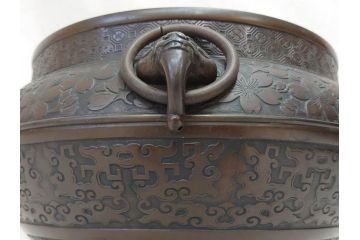 大正〜昭和初期　上手物　古銅　桜　味わい深い魅力を放つ火鉢(さくら、サクラ、手あぶり、鉢カバー、獣耳、獅子?)(R-076316)