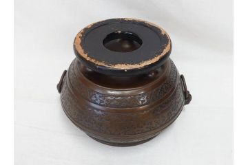 大正〜昭和初期　上手物　古銅　桜　味わい深い魅力を放つ火鉢(さくら、サクラ、手あぶり、鉢カバー、獣耳、獅子?)(R-076316)