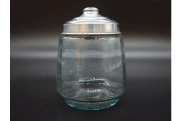 昭和レトロ　当時物　大正〜昭和初期　アルミ蓋　昔懐かしい雰囲気漂うガラス瓶3個セット(キャニスター、ガラスビン、硝子、菓子瓶、フタ付き)(R-076319)