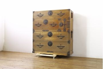 和製アンティーク　特注!!　上手物!!　明治〜大正　時代を感じさせない上質な造り込みの総桐二本松箪笥(時代箪笥、重ね箪笥、衣装タンス、和箪笥、収納箪笥、引き出し)(R-076320)