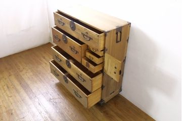 和製アンティーク　特注!!　上手物!!　明治〜大正　時代を感じさせない上質な造り込みの総桐二本松箪笥(時代箪笥、重ね箪笥、衣装タンス、和箪笥、収納箪笥、引き出し)(R-076320)