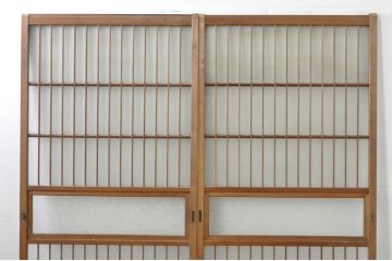 アンティーク建具　レトロな空間を演出する格子入りガラス戸2枚セット(引き戸、格子戸、ガラス帯戸)(R-076326)