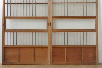 アンティーク建具　レトロな空間を演出する格子入りガラス戸2枚セット(引き戸、格子戸、ガラス帯戸)(R-076326)