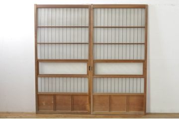 アンティーク建具　レトロな空間を演出する格子入りガラス戸2枚セット(引き戸、格子戸、ガラス帯戸)(R-076326)