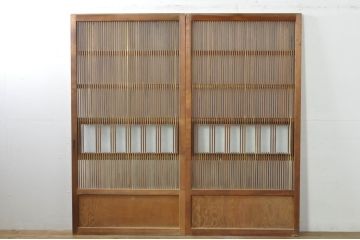 アンティーク建具　和の風情を感じられる裏ガラス入り格子戸2枚セット(引き戸、ガラス戸、ガラス帯戸)(R-076332)