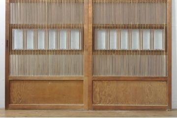 アンティーク建具　和の風情を感じられる裏ガラス入り格子戸2枚セット(引き戸、ガラス戸、ガラス帯戸)(R-076332)