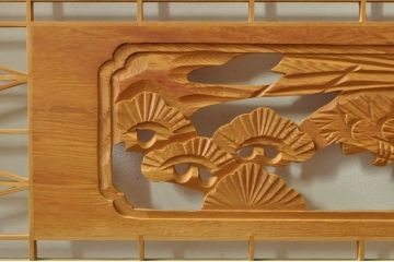 ビンテージ建具　松・鷲　彫刻と組子細工の組み合わせが美しい欄間2枚セット(明り取り、明かり取り、ランマ、ヴィンテージ)(R-076334)