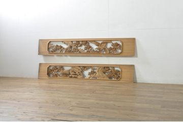 アンティーク建具　和の雰囲気を高める松と鷹の彫刻欄間2枚セット(明り取り、明かり取り)(R-076335)