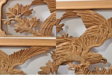 アンティーク建具　和の雰囲気を高める松と鷹の彫刻欄間2枚セット(明り取り、明かり取り)(R-076335)