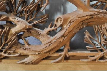 アンティーク建具　井波彫刻　秀山之作　力強い松の図柄が美しい彫刻欄間2枚セット(明り取り、明かり取り)(R-076336)