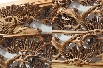 アンティーク建具　井波彫刻　秀山之作　力強い松の図柄が美しい彫刻欄間2枚セット(明り取り、明かり取り)(R-076336)