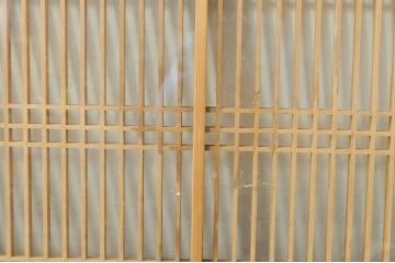 ビンテージ建具　両面ガラス　繊細な格子が目を惹く筬欄間2枚セット(明り取り、明かり取り、オサランマ、おさらんま、格子欄間、ヴィンテージ)(R-076337)