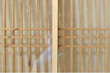 ビンテージ建具　両面ガラス　繊細な格子が目を惹く筬欄間2枚セット(明り取り、明かり取り、オサランマ、おさらんま、格子欄間、ヴィンテージ)(R-076337)