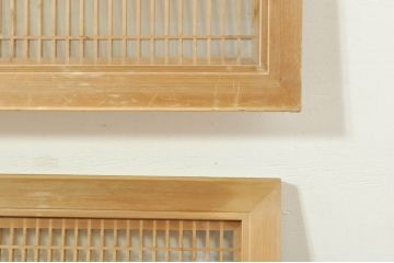 ビンテージ建具　両面ガラス　繊細な格子が目を惹く筬欄間2枚セット(明り取り、明かり取り、オサランマ、おさらんま、格子欄間、ヴィンテージ)(R-076337)