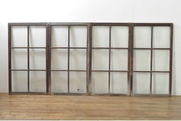 アンティーク建具　レトロ空間におすすめ!素朴な木味が魅力的なガラス窓4枚セット(引き戸、ガラス戸)(R-076350)