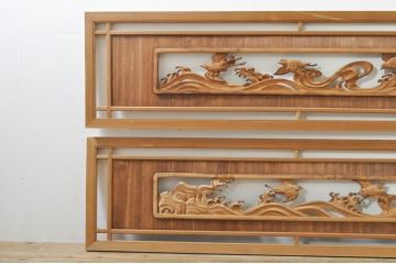 ビンテージ建具　波千鳥のデザインが上品な彫刻欄間2枚セット(明り取り、明かり取り、ヴィンテージ)(R-076351)