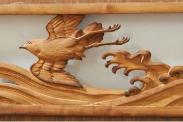 ビンテージ建具　波千鳥のデザインが上品な彫刻欄間2枚セット(明り取り、明かり取り、ヴィンテージ)(R-076351)