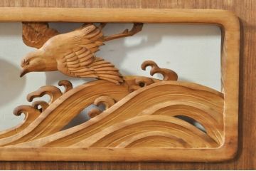 ビンテージ建具　波千鳥のデザインが上品な彫刻欄間2枚セット(明り取り、明かり取り、ヴィンテージ)(R-076351)