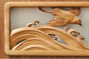 ビンテージ建具　波千鳥のデザインが上品な彫刻欄間2枚セット(明り取り、明かり取り、ヴィンテージ)(R-076351)