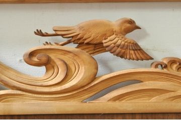 ビンテージ建具　波千鳥のデザインが上品な彫刻欄間2枚セット(明り取り、明かり取り、ヴィンテージ)(R-076351)